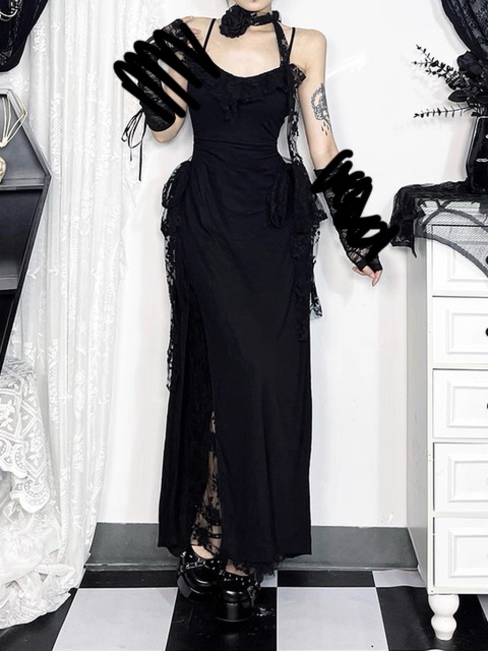 Black Gothic Lace Trim Maxi Dress - Women